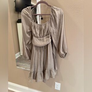 Altar’d State Boho Long Sleeve Ruffle Hem Mini Dress in Beige